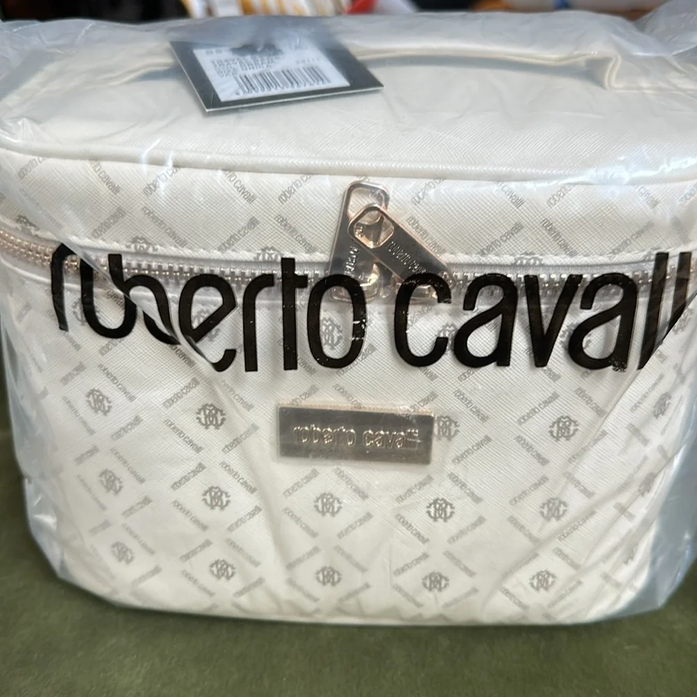 NEW Roberto Cavalli Monogram Cream Cosmetic Toiletry Bag Train Case